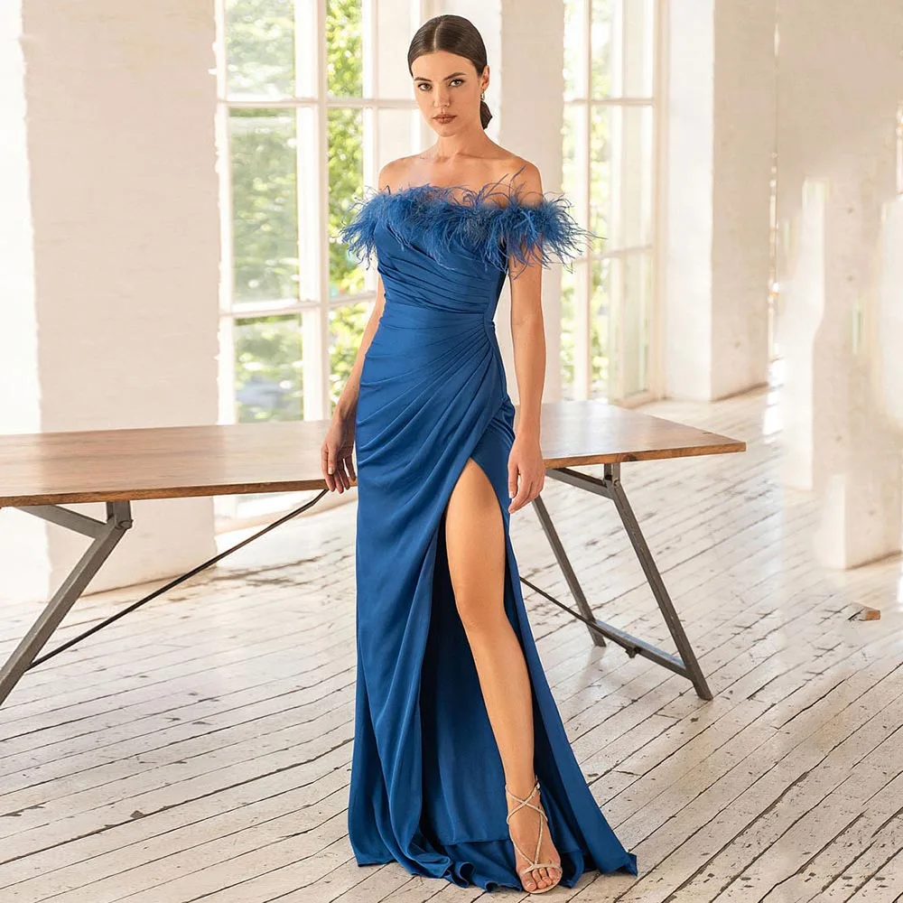 

Dark Navy Long Evening Dresses Off The Shoulder Feather Hogh Slit Floor Length Prom Party Gowns Women Formal Occasions