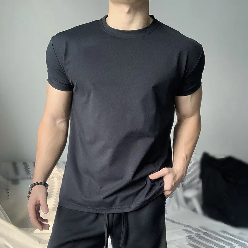 Sportliches, schnell trocknendes, kurzärmeliges Herren-T-Shirt mit elastischen Bündchen und kleinem Ausschnitt für Muskeltraining, Outdoor-Laufoberteil