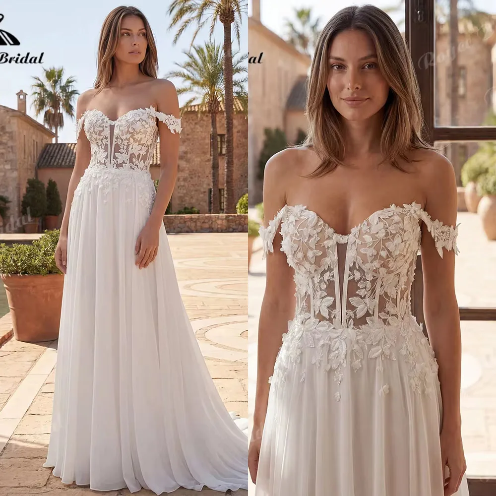 2027 Schulterfreies Boho-Hochzeitskleid mit 3D-Blumenspitzenapplikationen, A-Linie, weichem Chiffon, Knöpfen am Rücken, Vestido De Novia, maßgeschneidert