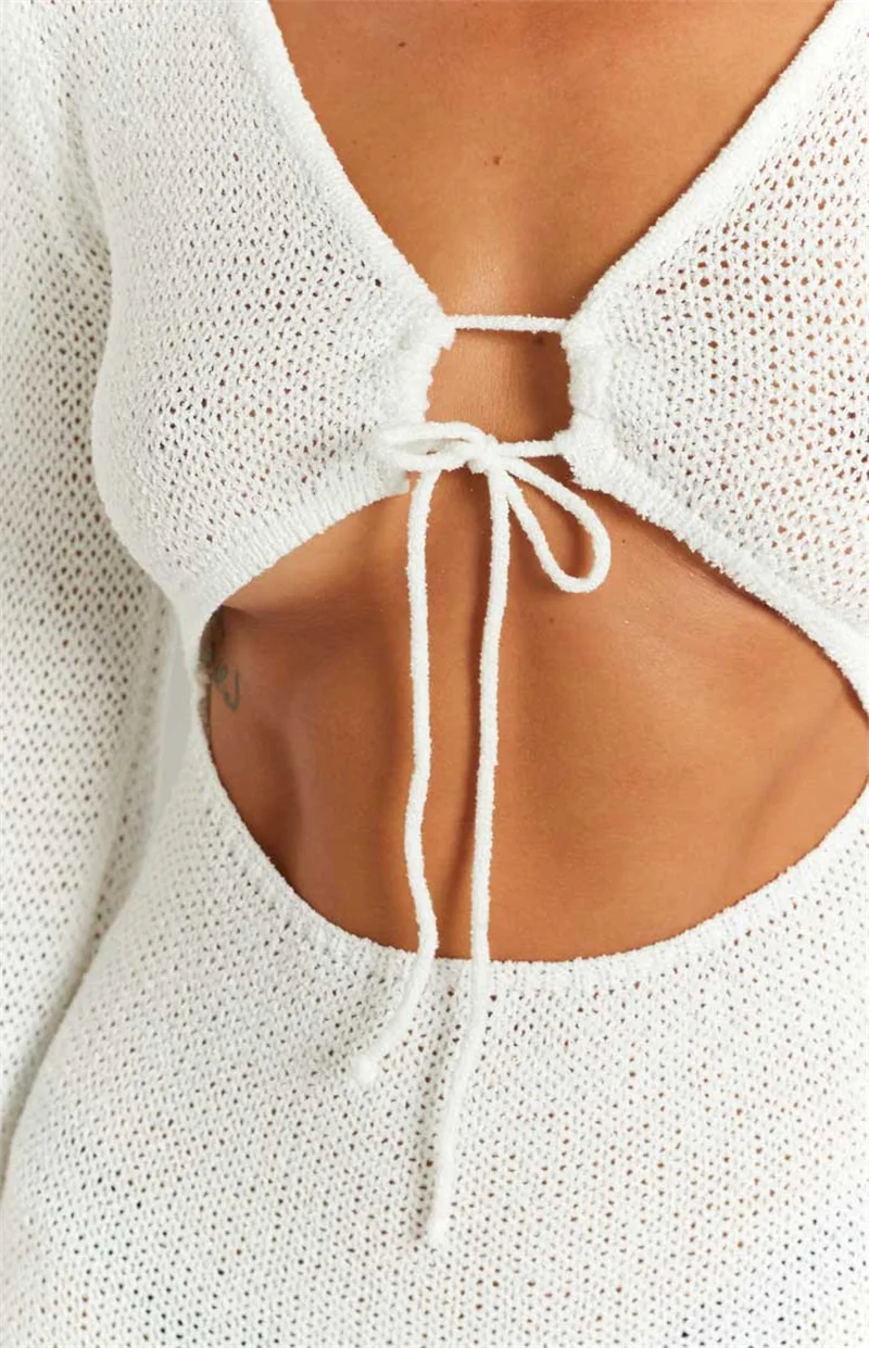Women's Sexy Long Sleeve Deep V Lace Up Cut Out Bodycon Dress Beach Crochet Bikini Cover-Up Summer Swimwear Female Swimsui view 2