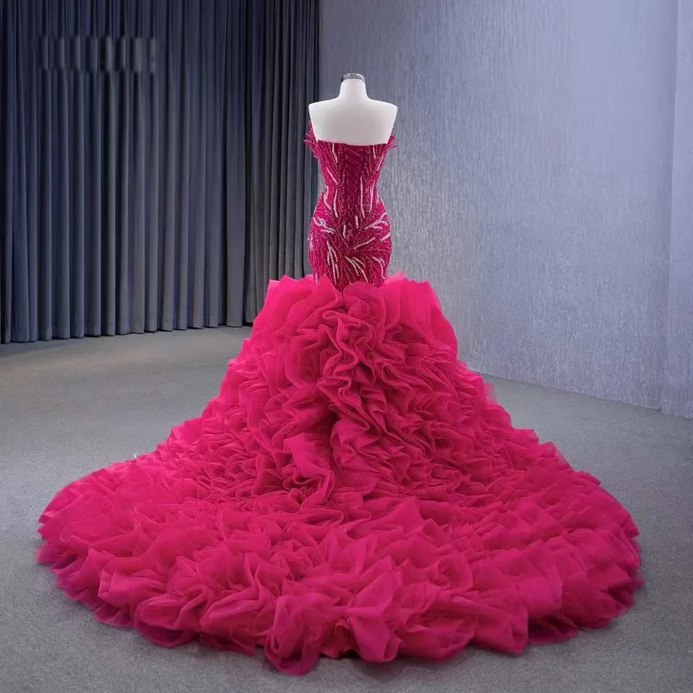 민소매 스위트하트 로즈 레드 이브닝 드레스 비즈 장식 러플 특별한 날 드레스 여성용 우아한 갈라 드레스