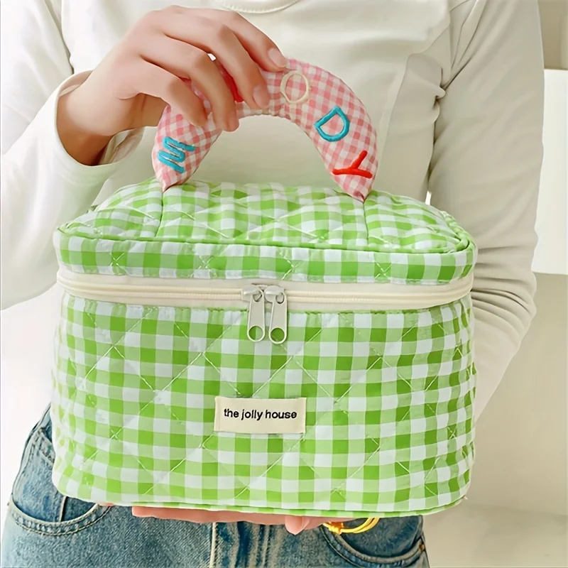 1pc cute color contrast check delicate bucket makeup bag for ladies outdoor travel