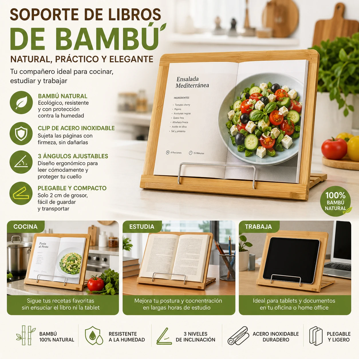 Support de livre réglable en bambou, support de livre portable pliable avec clip en acier inoxydable, idéal pour les recettes de cuisine, les partitions, les tablettes et la lecture quotidienne.