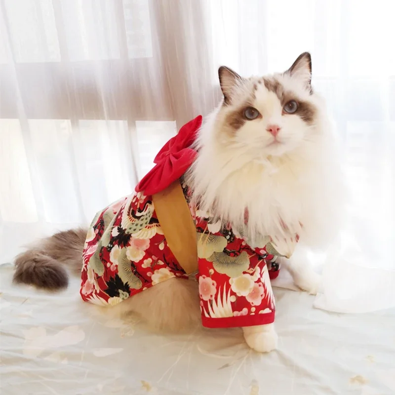 Japanese Style Thin Cat Dog Coat Kimono Summer Pet Clothes for Cats Dogs Cute Print with Bow-knot Kitten Sphynx Clothing Outfit — zdjęcie 2