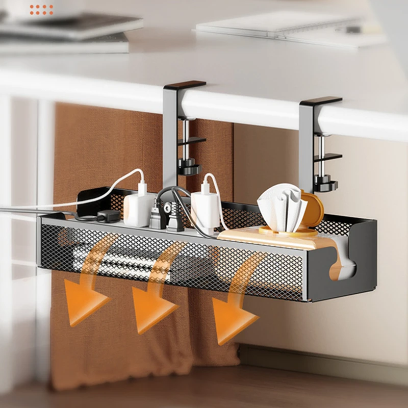 No Drilling Under Desk Cable Management Extendable Metal Cable Tray Under Desk With Clamp Retractable Power Strip Cord Holder