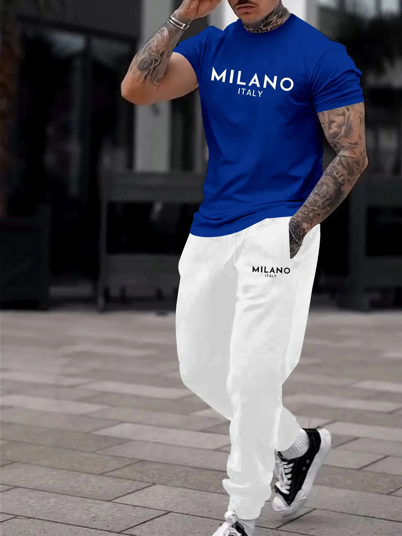 Fashionable Block Summer Men's Letter Printed Comfortable Breathable Round Neck T-shirt Pants Set Outdoor High Street Clothing