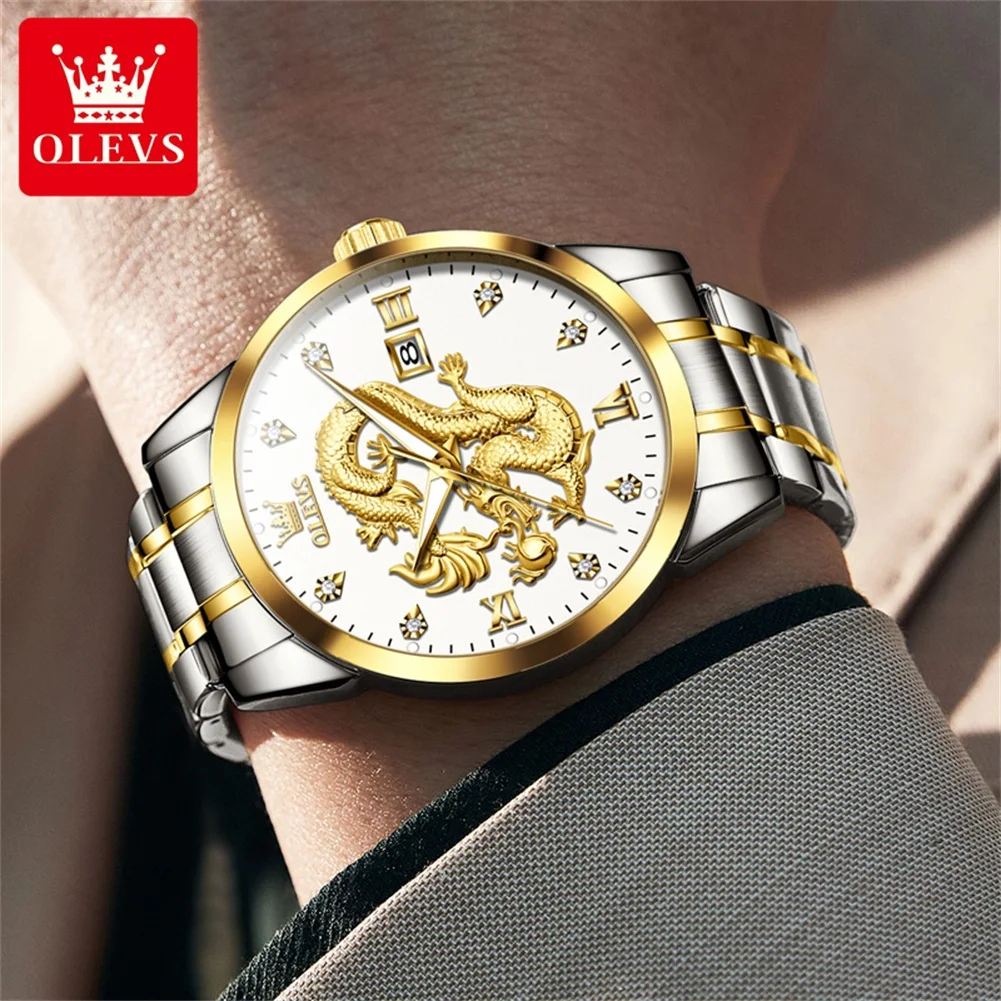 ساعة OLEVS 3619 بنمط التنين للرجال مقاومة للماء وساعات يد ماسية فاخرة كوارتز هدية عيد الميلاد