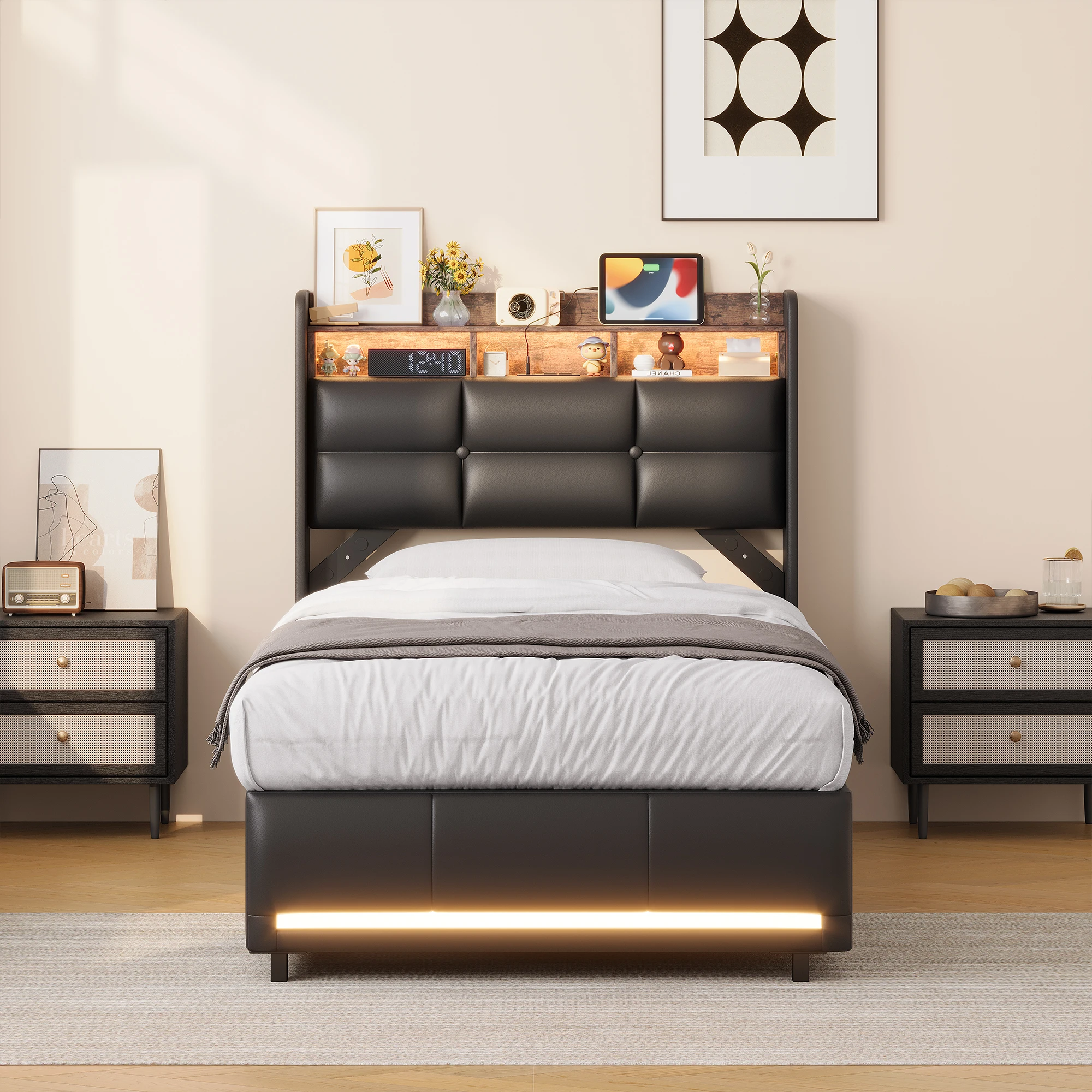 Anajqaqia Letto a bolle 90 x 200 cm, letto singolo imbottito, letto contenitore idraulico con testiera multi-scomparto per camera da letto, in pelle PU