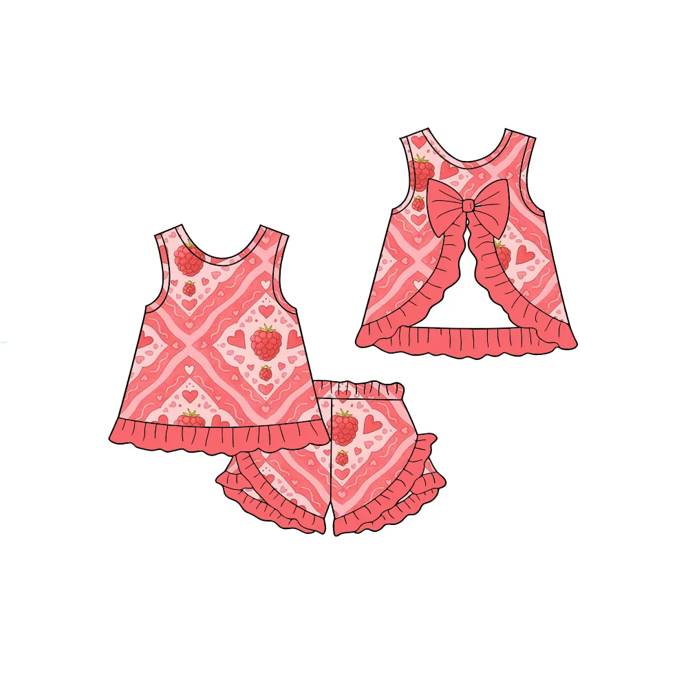 Boutique Girls 2-Piece Short Set Strawberry and Bow Print Ruffled Hem & Back Bow Sleeveless Tank Top Ruffle Shorts Custom
