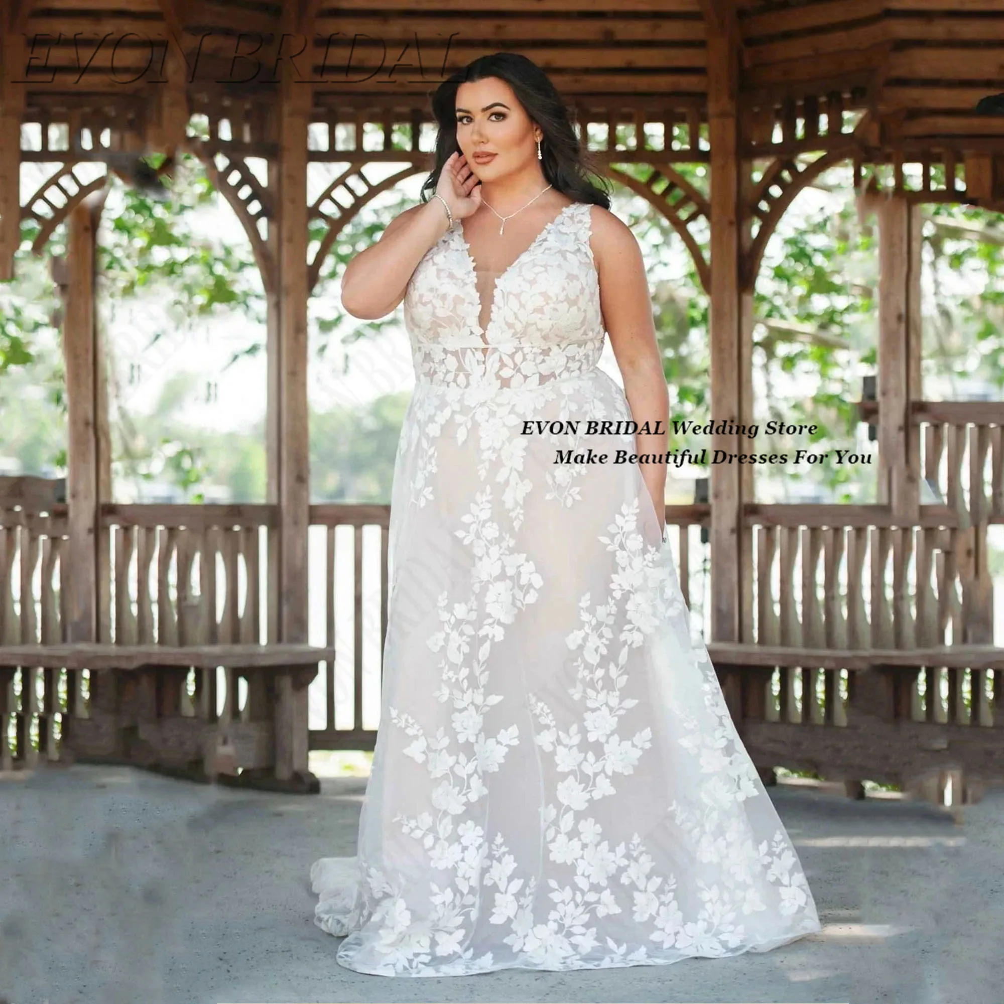 

Appliques Plus Size Bride Dresses 2025 A Line V Neck Bride Gowns Elegant Sleeveless Wedding Dresses EVON BRIDAL Customized