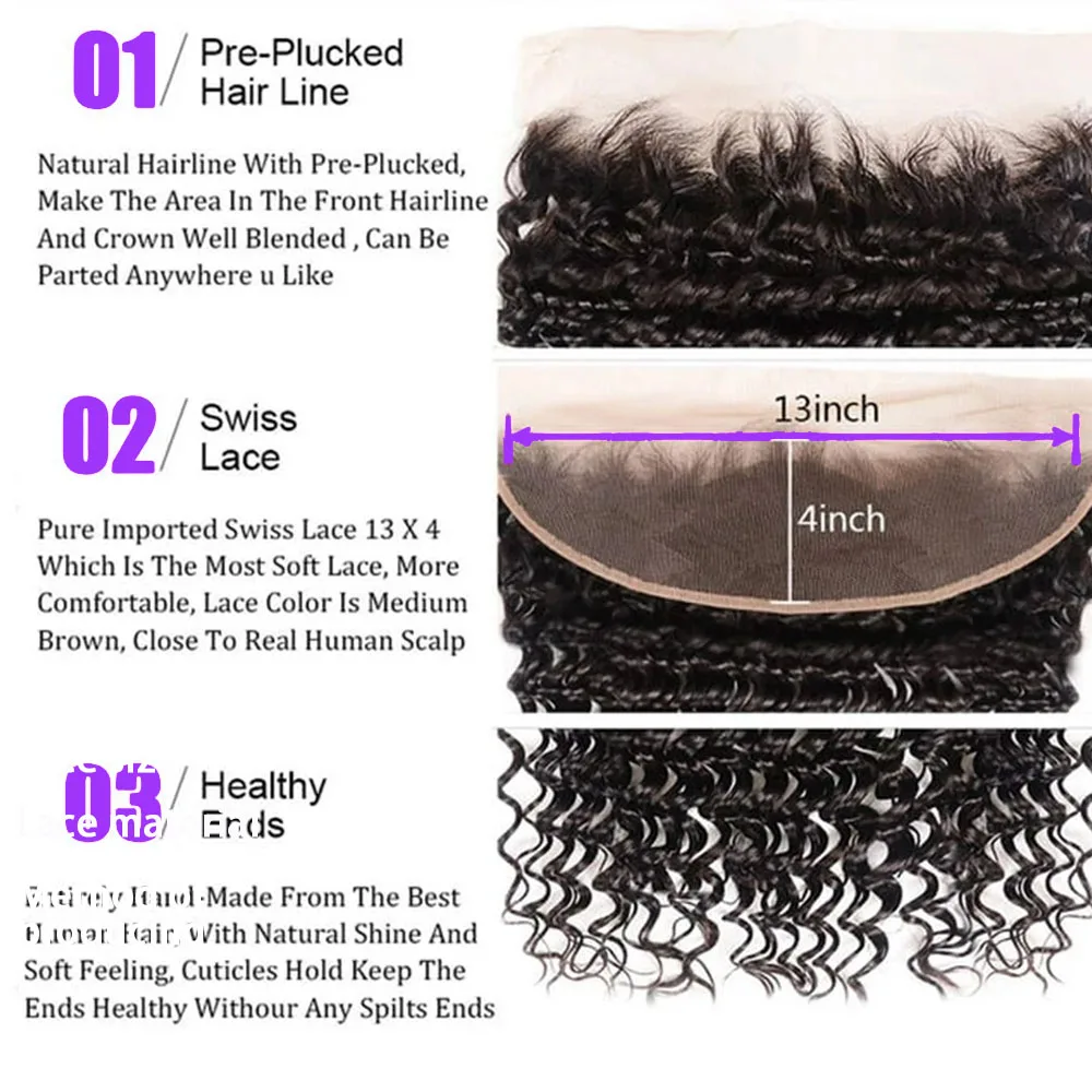 Mechones rizados de ondas profundas con cierre Frontal 13x4, extensiones de cabello humano rizado brasileño sin procesar con encaje Frontal húmedo y ondulado