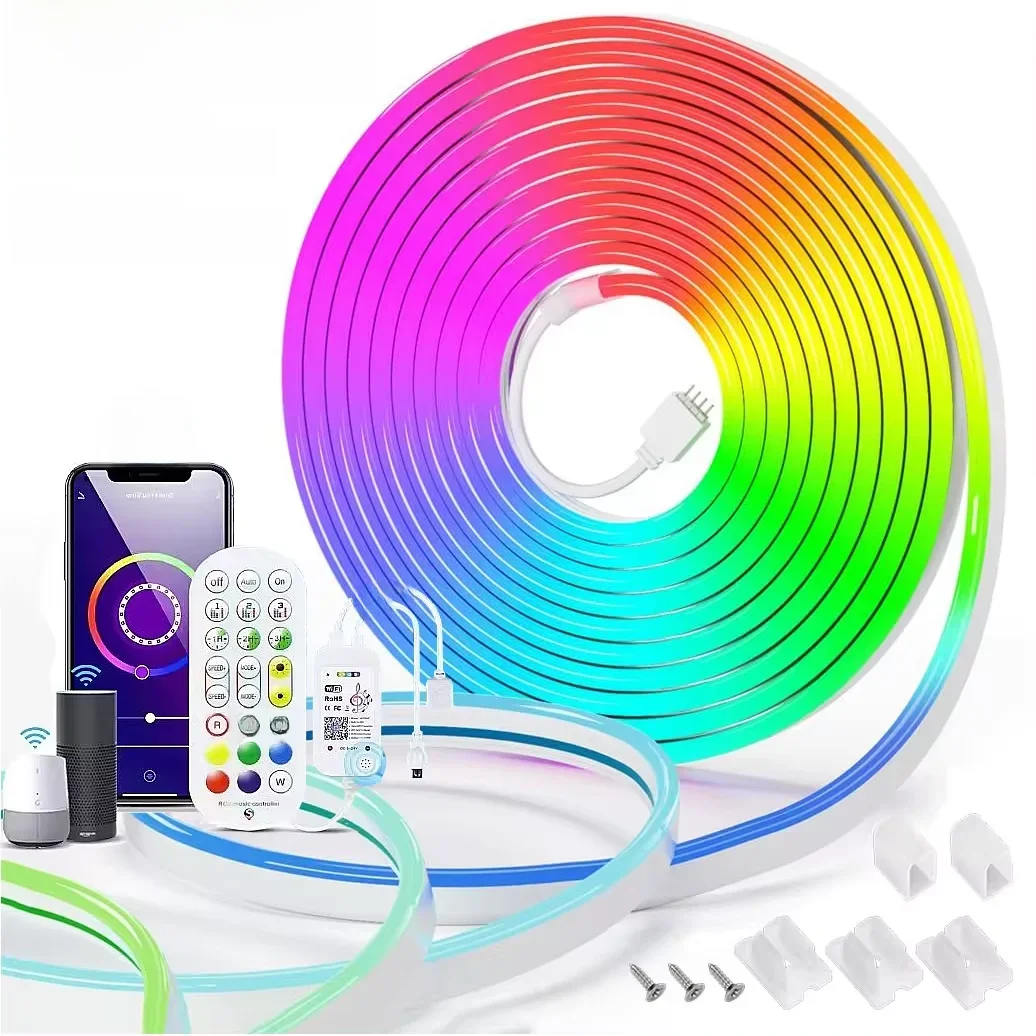 5V USB RGB Neon LED Strip 1/2/3/4/5M Tuya WiFi Neon RGB Strip Work With Smart Life APP/Alexa/Google Home for Neon Decor Lighting