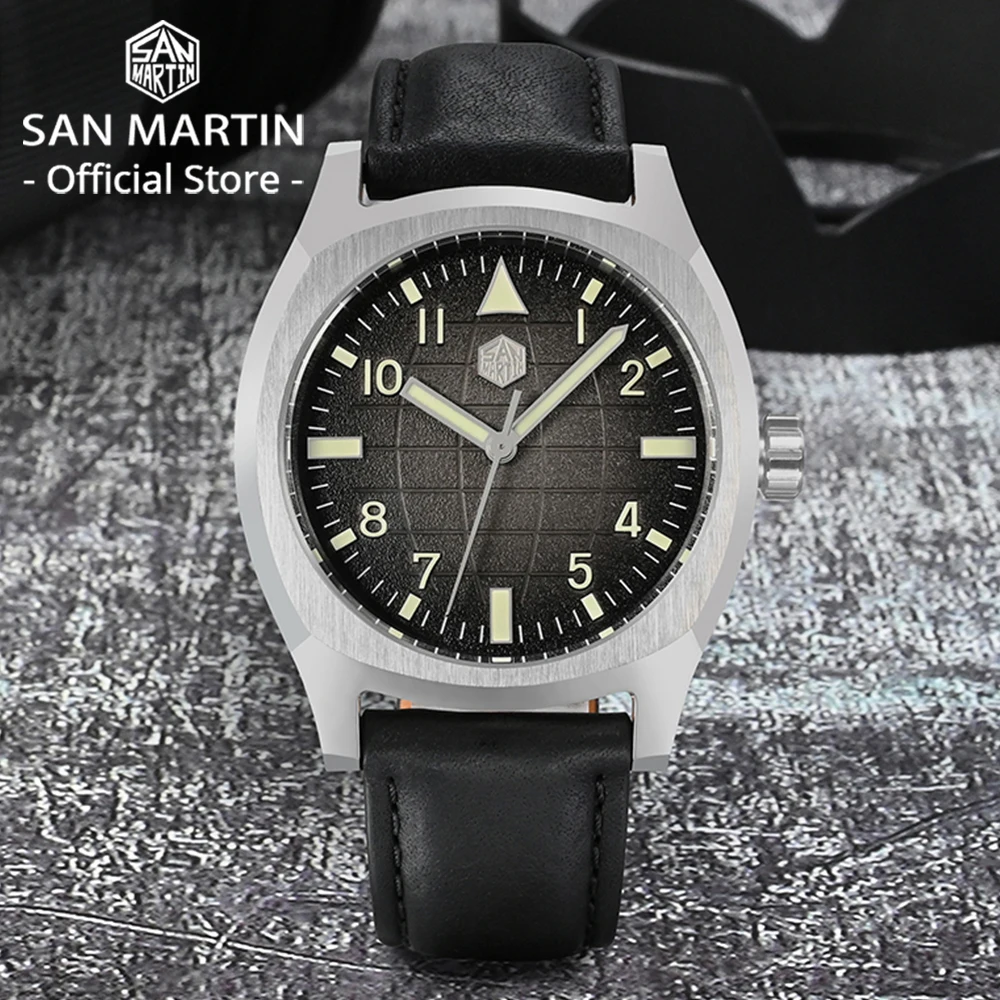 San Martin 38mm Sport Mens Watch Luxury Men Automatic Mechanical Wristwatch Original Design Grid Texture Dial 10Bar SN0026