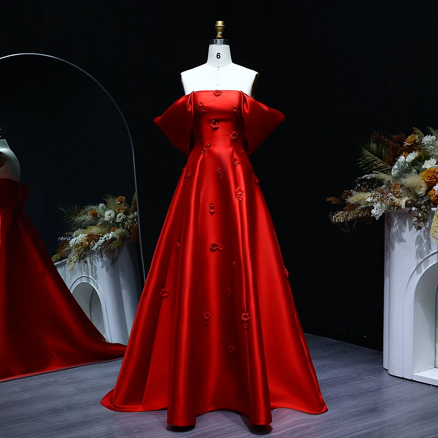 Sharon Said Elegant Off Shoulder Wine Red Arabic Evening Dress 3D Flowers for Wedding Engagement Party Gowns SF273 Customized