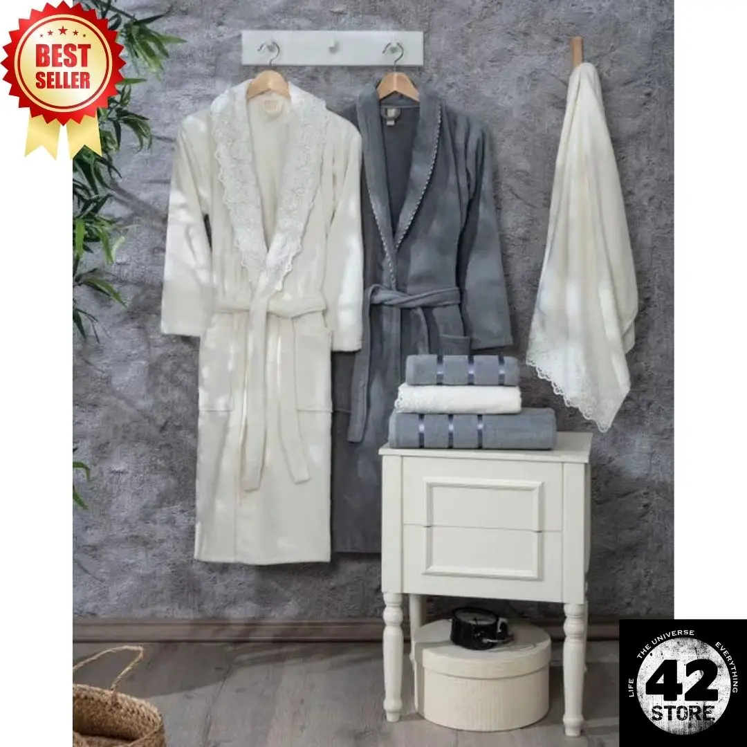 

Soft Turkish Cotton 12 Piece Velvet Guipure Towel Bathrobe Set