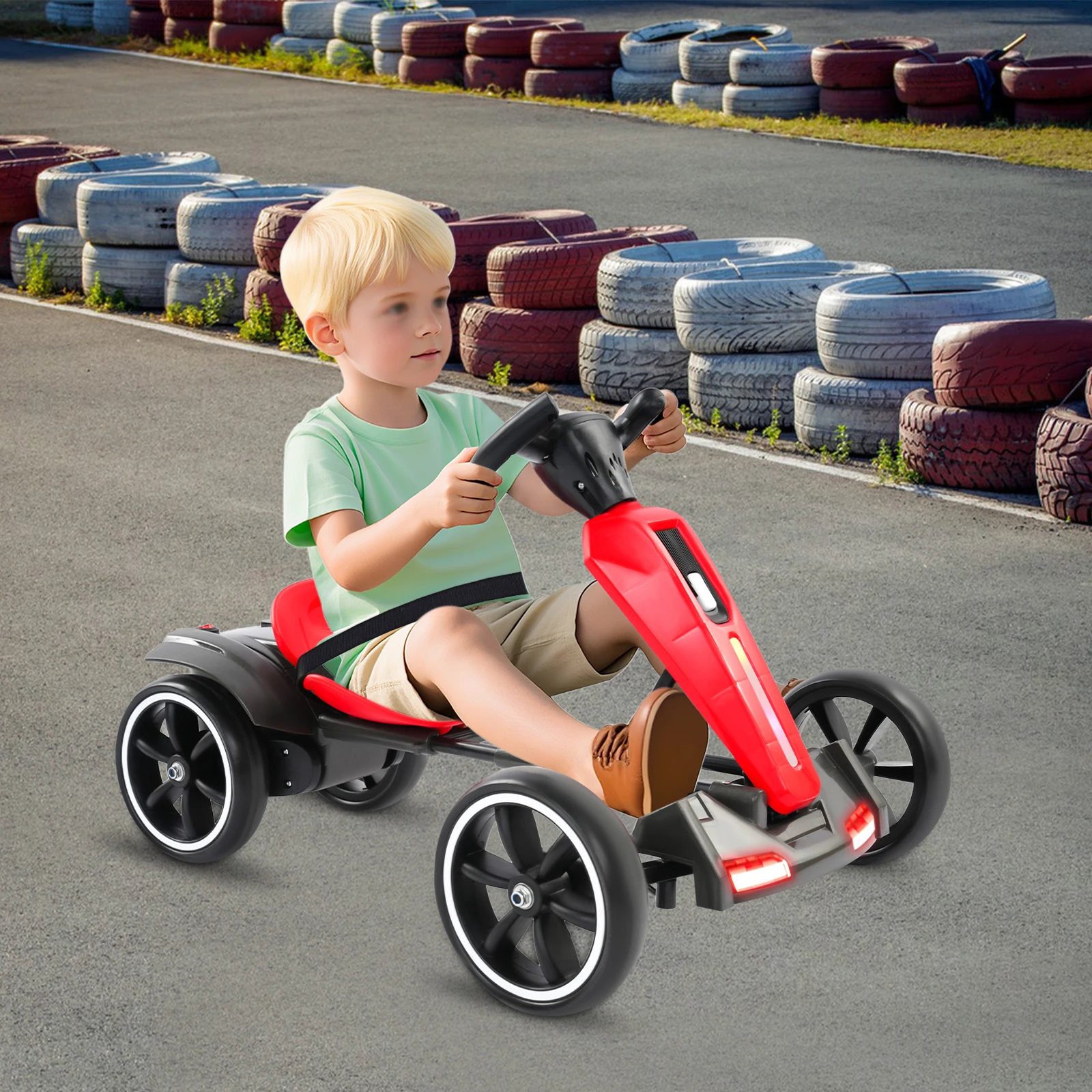 Go Kart électrique pliable en PP, Go-Karts à pédale autoportante avec siège réglable et musique/lumières pour enfants de 3 à 8 ans