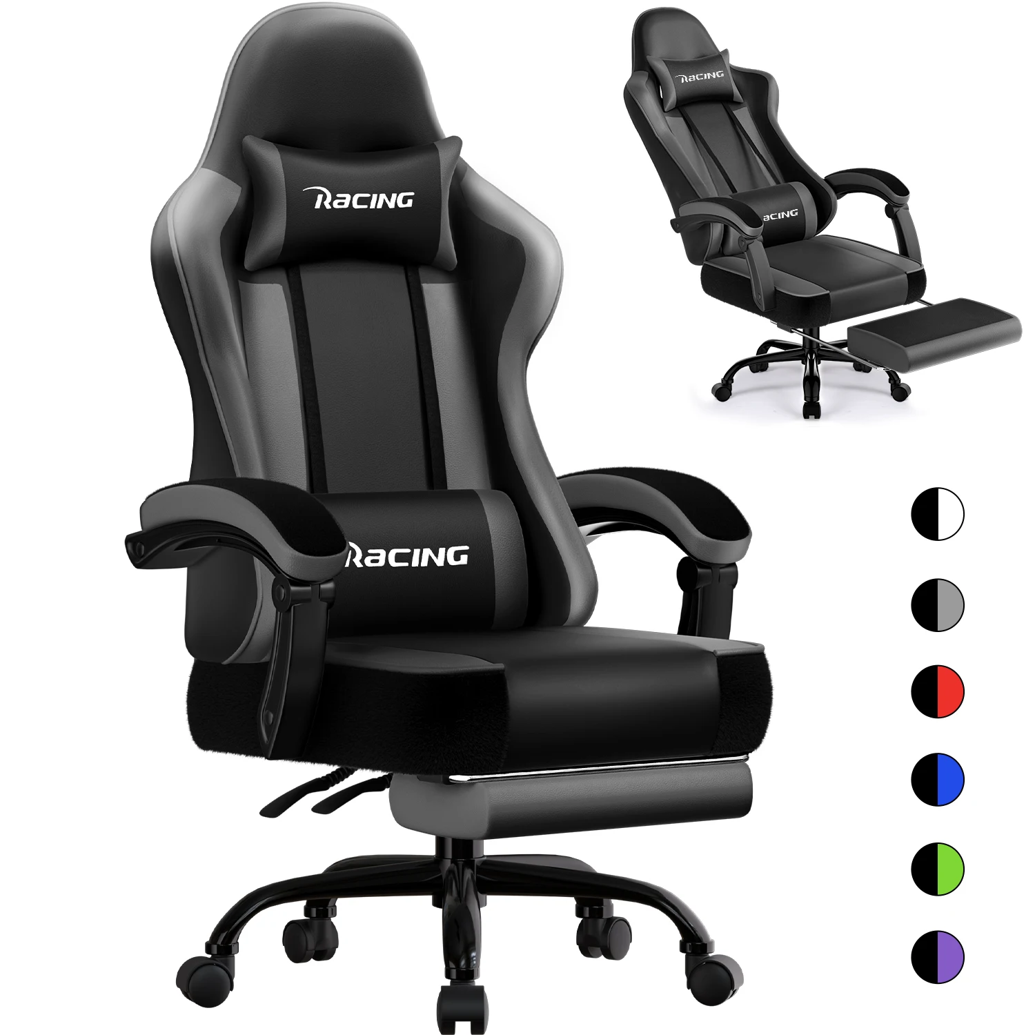 Chaise de jeu Portreen, chaise de jeu ergonomique avec accoudoirs intégrés, repose-pieds, appui-tête et support lombaire, résistance 150 kg, idéale pour les joueurs et le télétravail