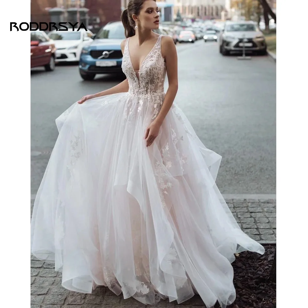 RODDRSYA Boho Elegant Wedding Dress For Women 2023 V-Neck Appliques Backless Criss-Cross BrideGown Vestidos De Novia Custom Made