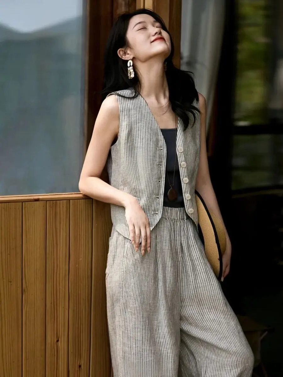 

Elegant casual striped pure linen vest pants suit