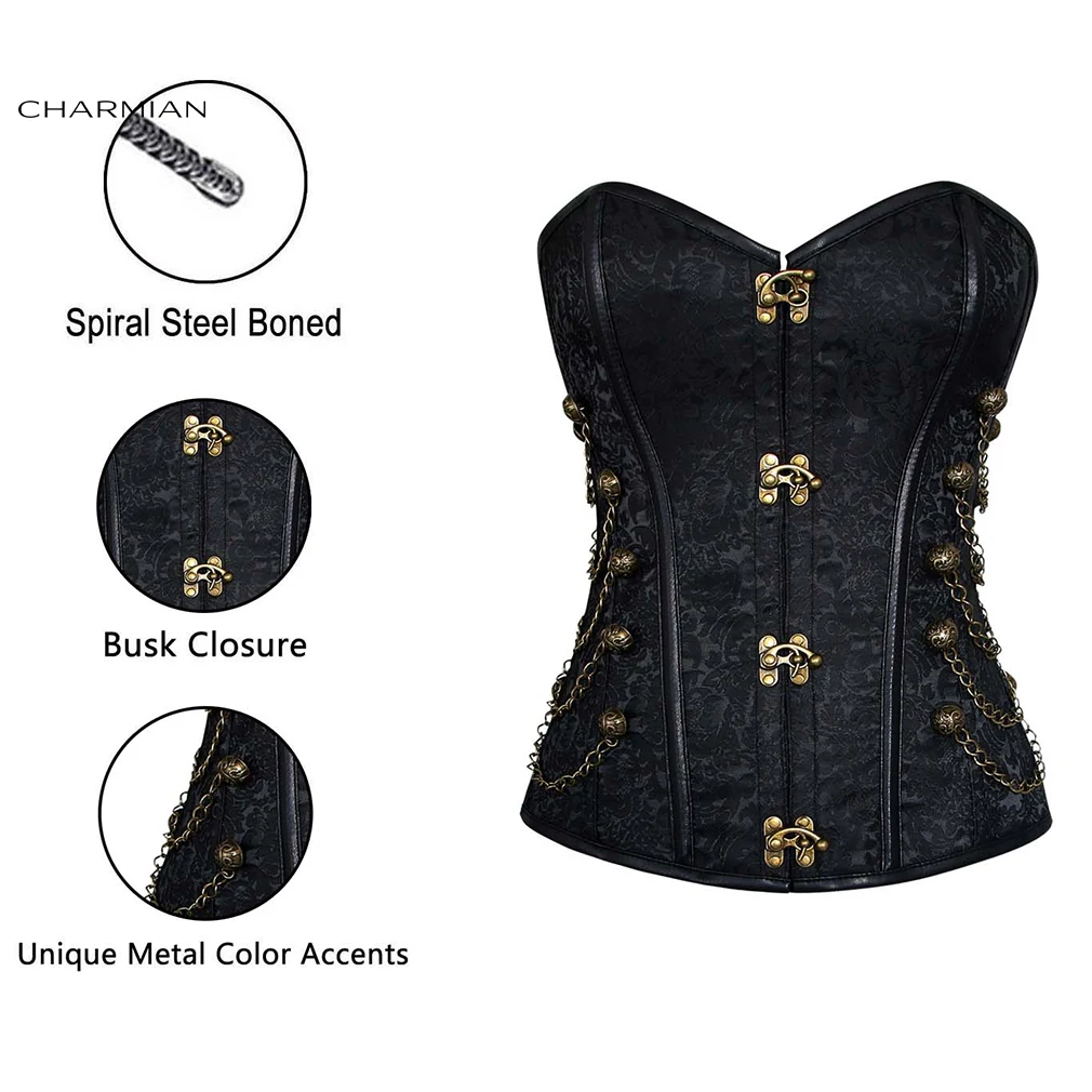 Corsé de cuero Steampunk Charmian para mujer, corsé gótico deshuesado de acero con cadenas, hebilla de brocado, corsé pirata, disfraces de talla grande