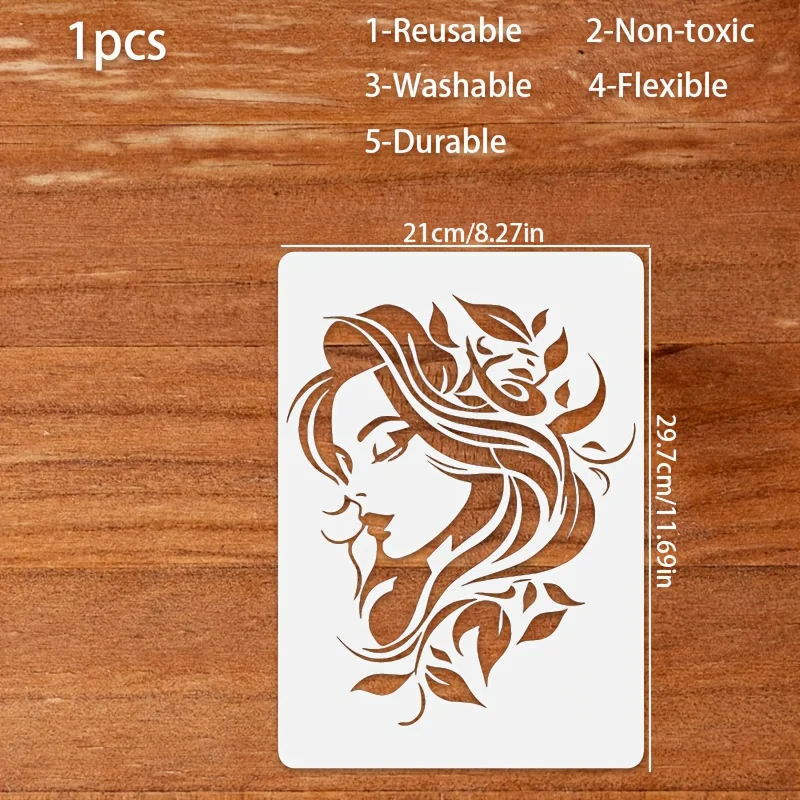 1PC A4 11.69×8.27inch Goddess Face Floral Stencil DIY Painting Template for Wall Fabric Wood Paper Home Decor Crafts
