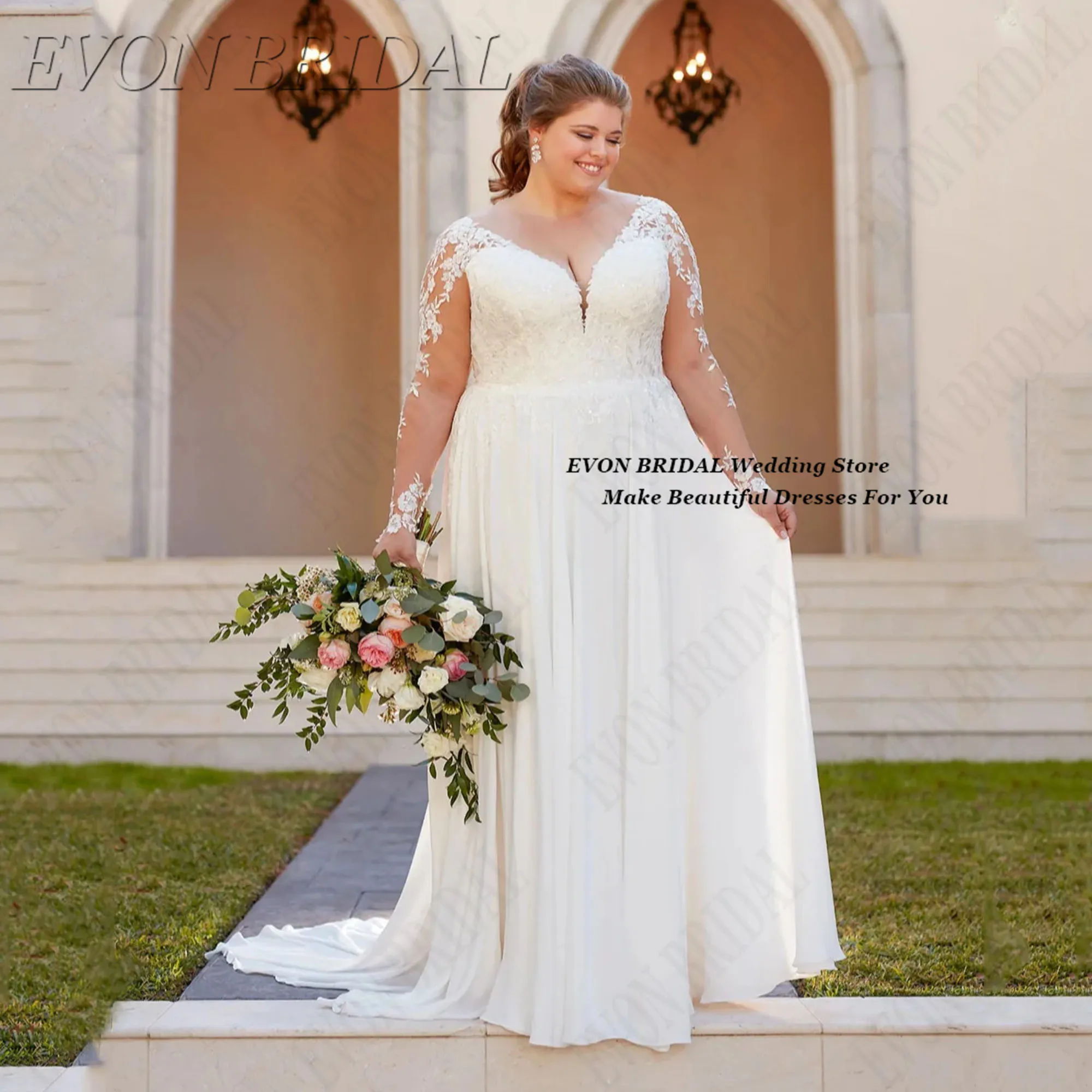 

Full Sleeve Plus Size Bride Dresses A Line Backless Classic Exquisite Appliques Bride Gowns Wedding Dresses EVON BRIDAL Customiz