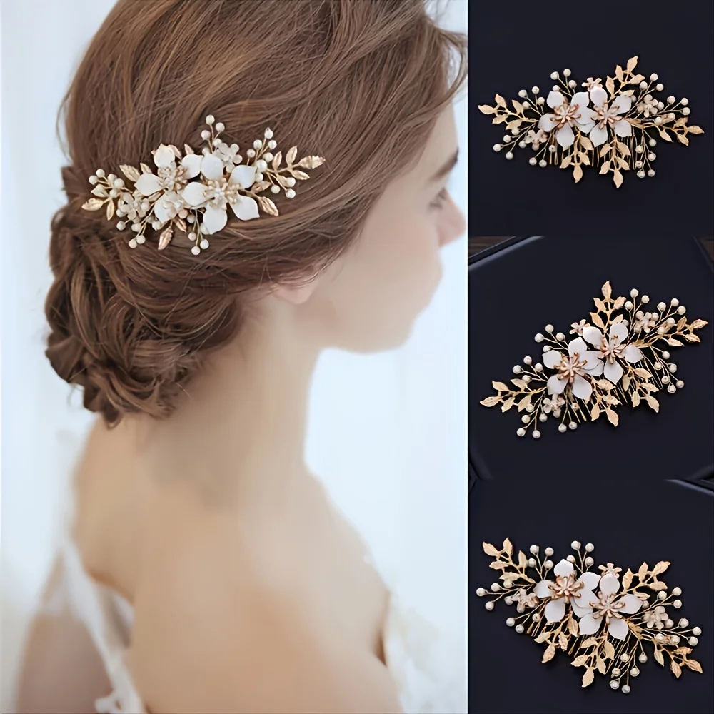 

Гребень-ободок для волос ручной работы с жемчугом и листьями для женщин, для вечеринок, свадеб, аксессуары для волос, ювелирные изделия