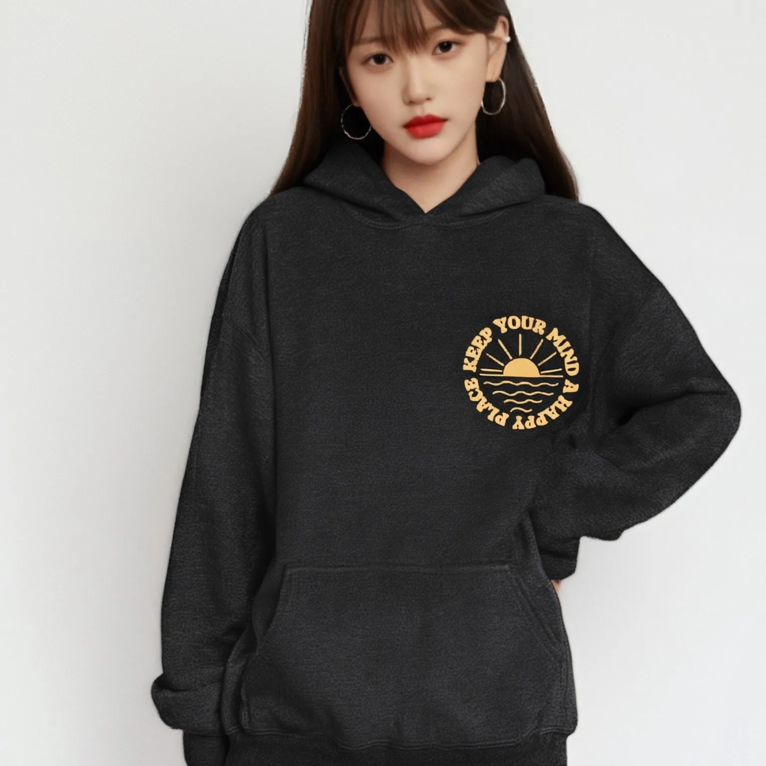 

Mindful Sunset Hoodie Inspirational Slogan Graphic Casual Loose Long Sleeved Autumn Winter Positive Relaxing Comfortable Top