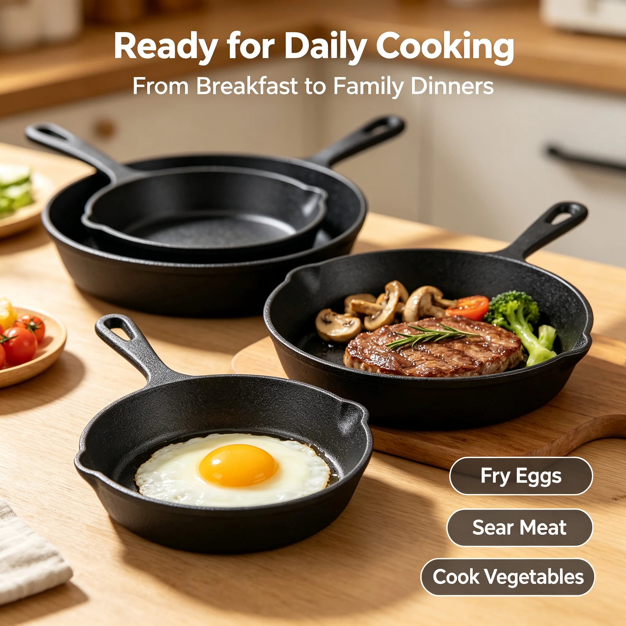 `3 Sizes Cast Iron Skillet Set 16/20/25cm, Pre-Seasoned Uncoated Frying Pans Heavy Duty Cookware`