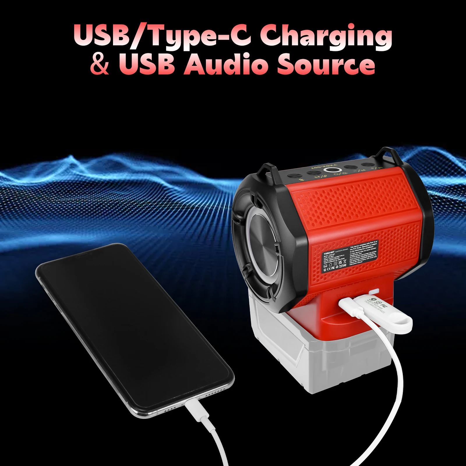 Portable Wireless Speaker with USB & Type-C Charging Port Bluetooth-compatible Speaker for Milwaukee 18V Battery (No Battery)