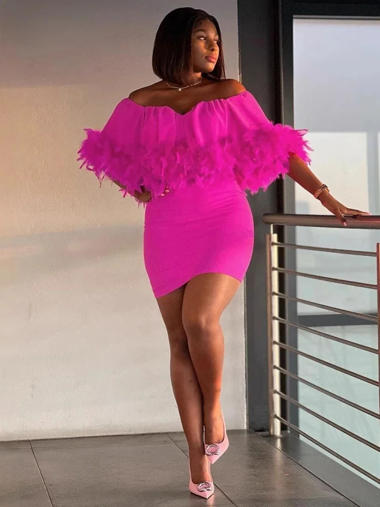 Znaiml Women Sexy Off Shoulder Feather Pink Mini Bodycon Dress Elegant Birthday Evening Night Club Party Prom Female Vestidos — zdjęcie 2