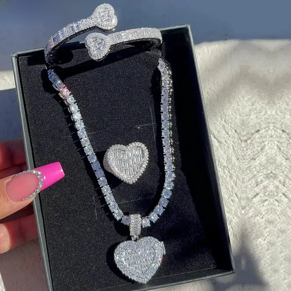 Iced Out medalion miłość serce urok wisiorek może być otwarty DIY zdjęcie Hip Hop 5A cyrkonia CZ tenis łańcuch naszyjnik mężczyzna — zdjęcie 2