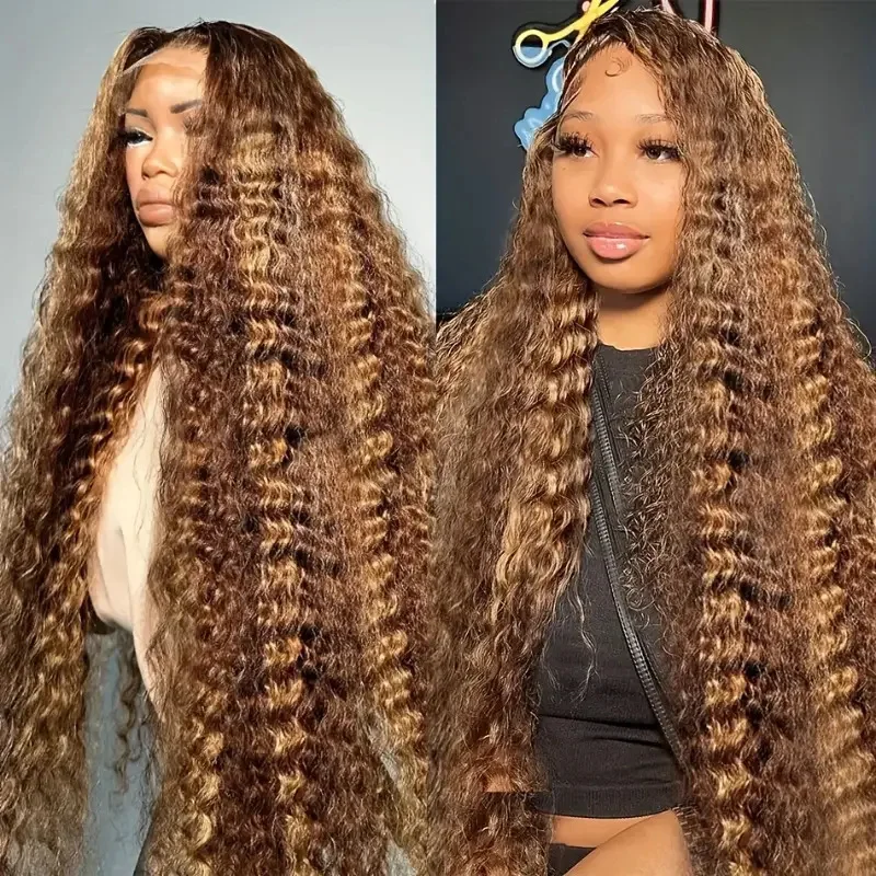 Onda de Água Profunda Frontal Perucas, Curly HD Lace Front Cabelo Humano, Ombre Cor, Mel Marrom Destaque, 200 Densidade, 13x4, 13x6, 30 em