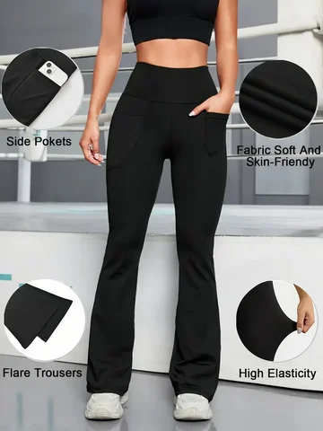 Ausgestellte Yoga-Hose für Damen, dehnbare Lounge-Hose mit hoher Taille, Bauchkontrolle, breiter Bund, mit Handytaschen, Sport-Yoga-Leggings