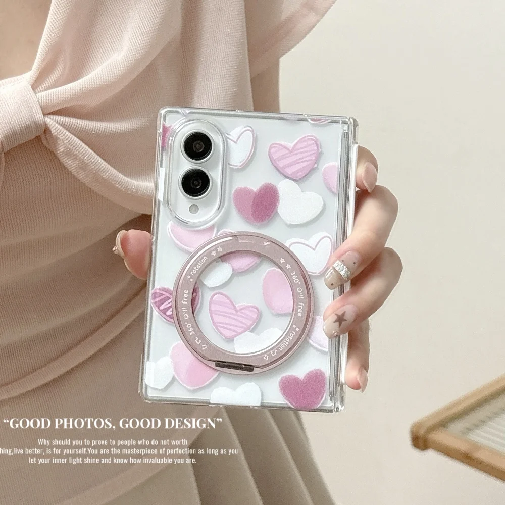 Korean Ins Sweet Heart‑Shaped Printed Mobile Phone Case For Samsung Galaxy Z Fold 8 Foldable Anti‑Fall Cover With Magsafe Holder