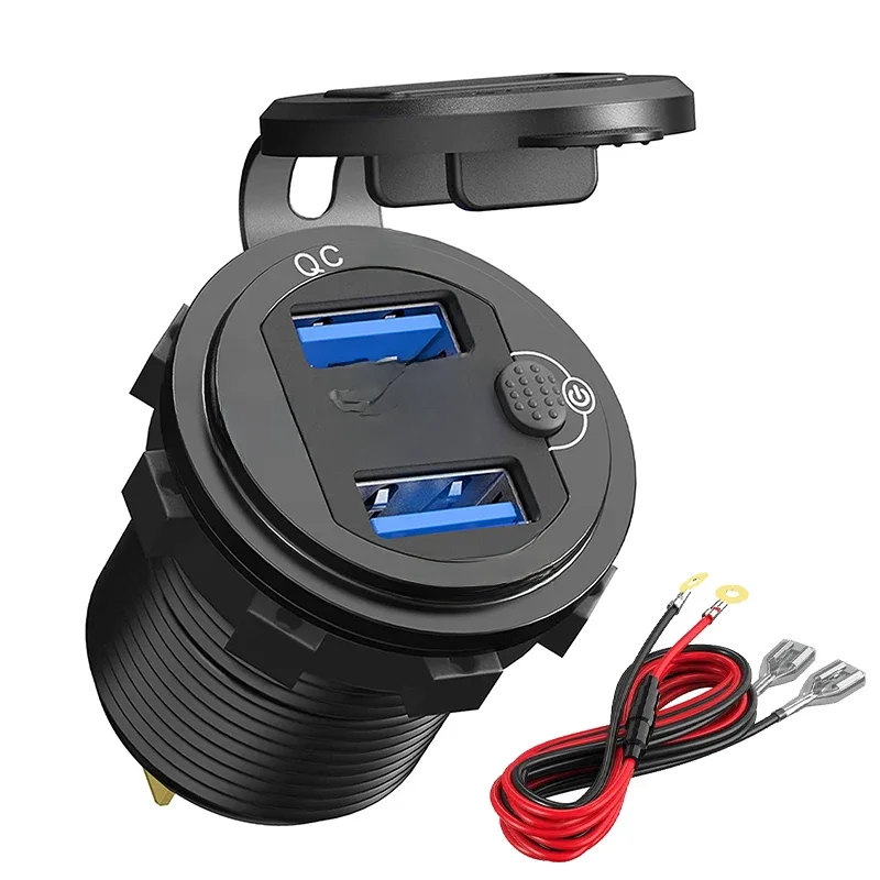 Snellader Aluminium QC3.0 Dual USB-autolader met schakelaarknop LED-spanningsweergave voor 12V / 24V auto's boten motorfiets - afbeelding 2