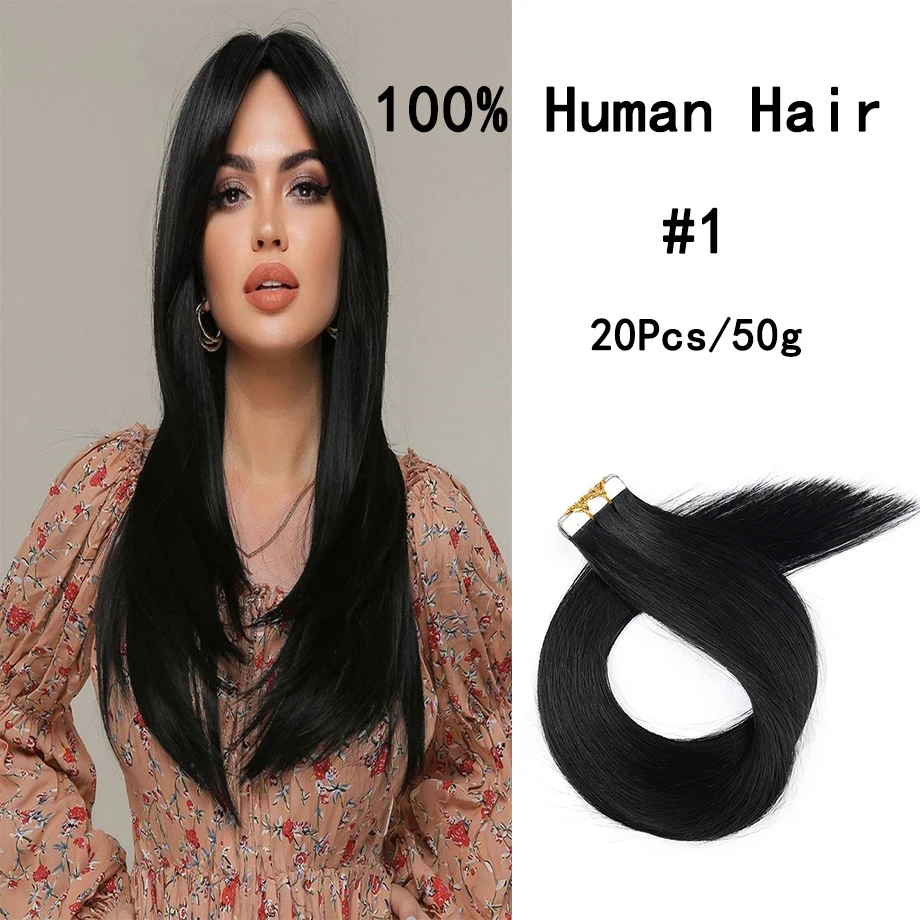 

Tape in Human Hair Extensions 100% Natural Remy Real Human Hair 14-24Inch 20pcs 50g/pack Straight Seamless Skin Weft For Women