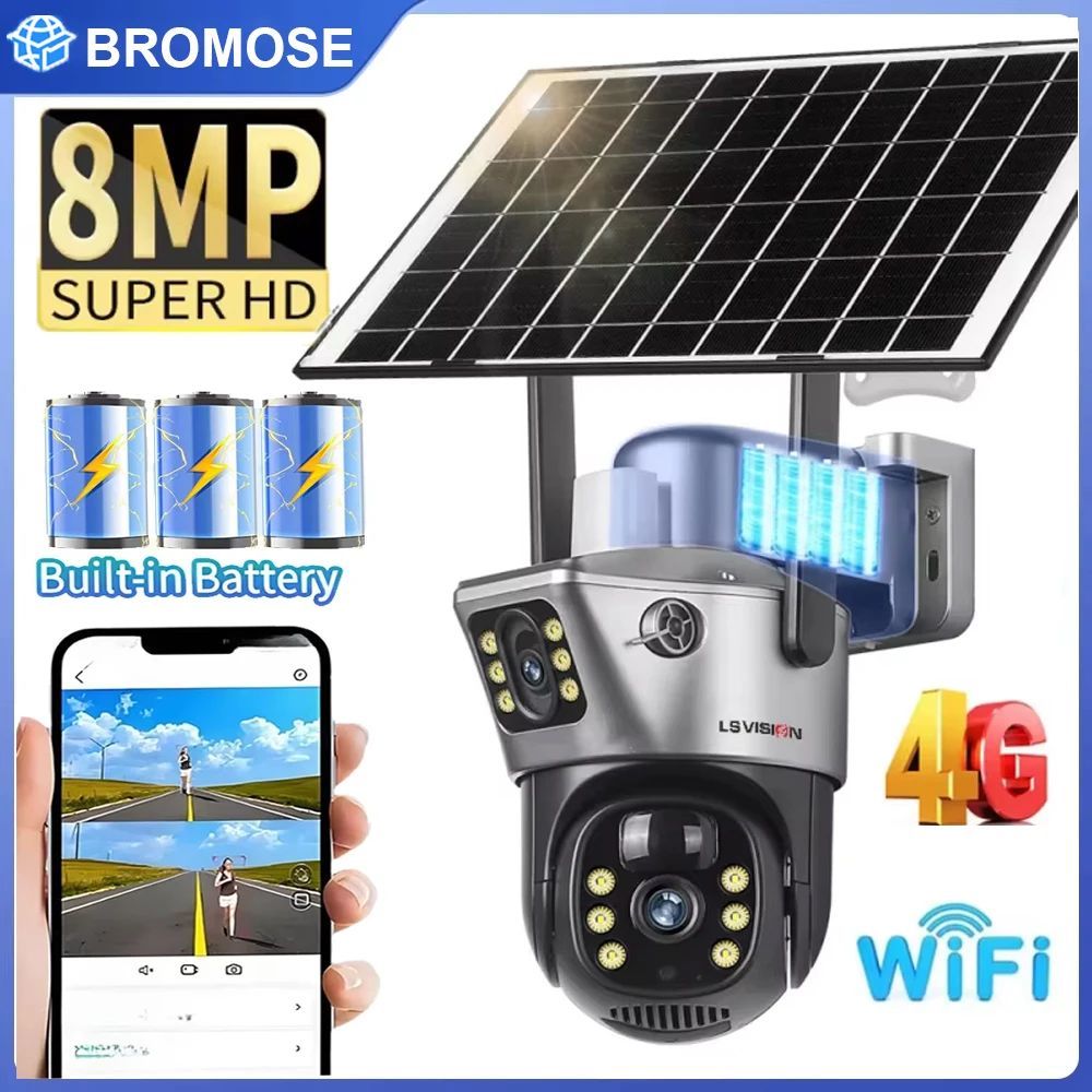 Bromose 4K 8MP Doppia Lente PTZ Telecamera Solare Doppio schermo PIR Tracciamento Umano Esterno WIFI Sicurezza CTV Telecamera IP di Sorveglianza