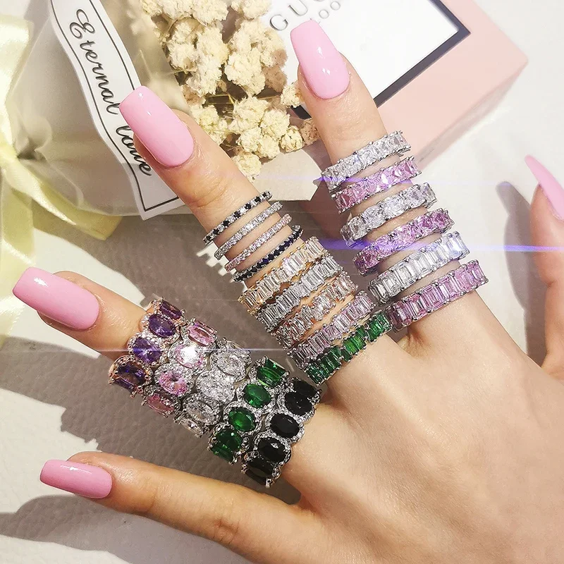 2023 New Arrival Fashion Luxury Green Black Pink Silver color Eternity Band Obrączka ślubna dla kobiet Biżuteria na prezent Z13 — zdjęcie 2