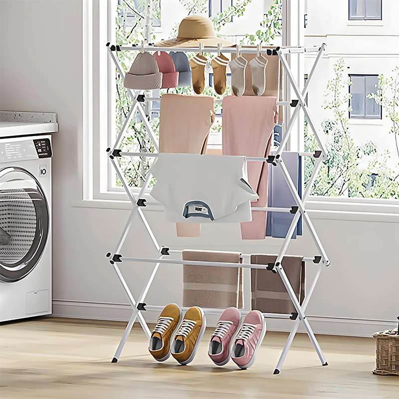 

Foldable floor-standing extendable and retractable drying rack with three layers, easy to assemble and install-free.