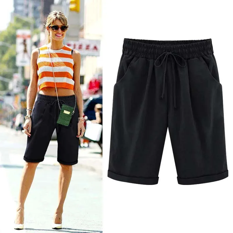 Women Cotton Shorts Casual Solid Thin Pocket Pants Sports Stretchy Straight Leg Breathable Pant Beach Vacation Female Clothing