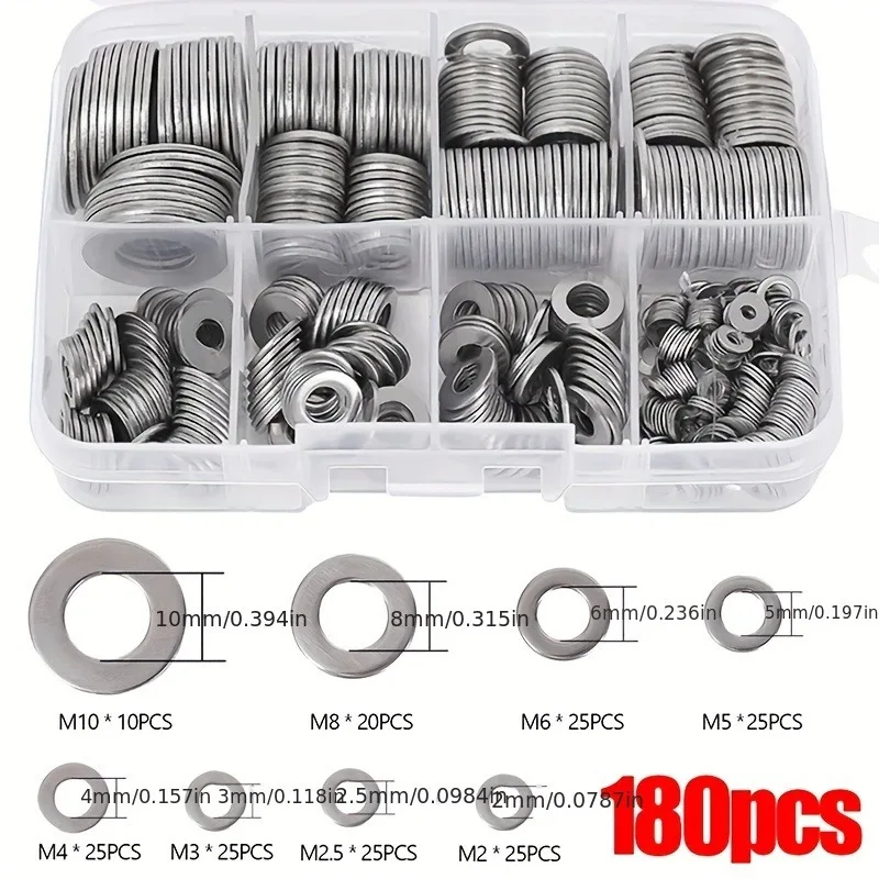 180pcs 304 Stainless Steel Washer Set, Polished Surface, M2-M10 Sizes, Easy Installation, Durable Material, Ideal for DIY