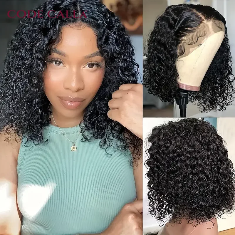 

Short Curly Bob Glueless Wigs Wet And Wavy Water Wave Wig Lace Front Human Hair Wigs For Women 4x4 Frontal Wig Nature color