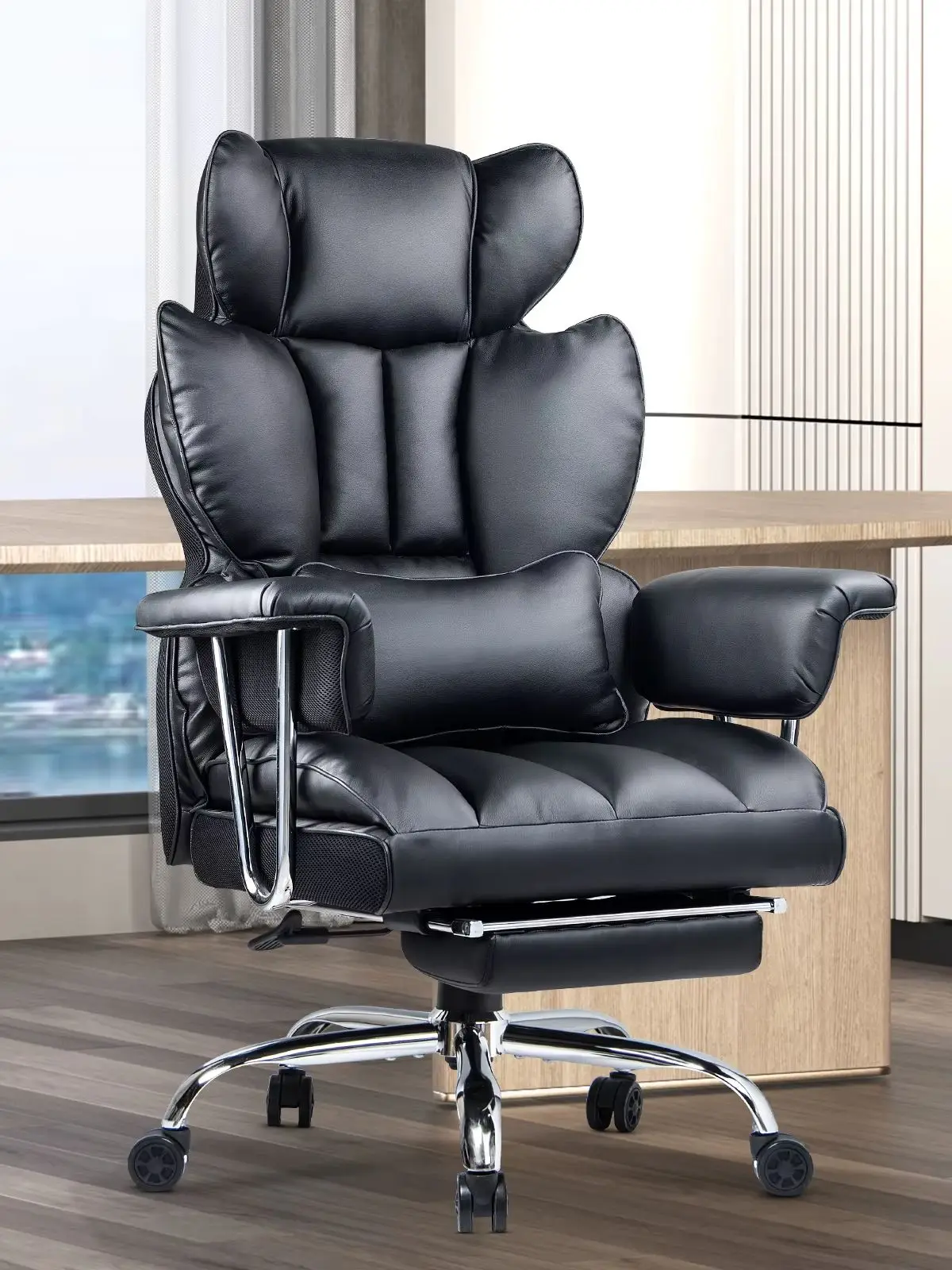 Gartistgo Bürostuhl, Ergonomischer Chefsessel mit Ausziehbarer Fußstütze |     Hochwertiger PU-Leder Chefsessel mit Kopfstütze. Für Büro und Home-Office.