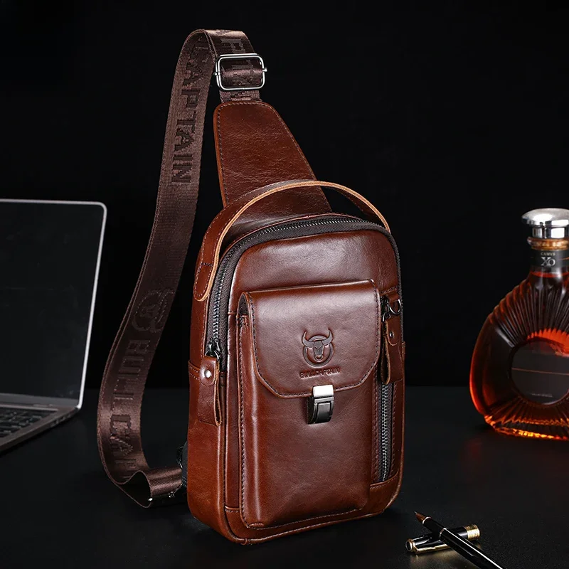 BULLCAPTAIN męska torba na klatkę piersiową z prawdziwej skóry Casual Retro 7,9-calowa torba na telefon komórkowy wielofunkcyjna torba na ramię z zabezpieczeniem przed kradzieżą — zdjęcie 2