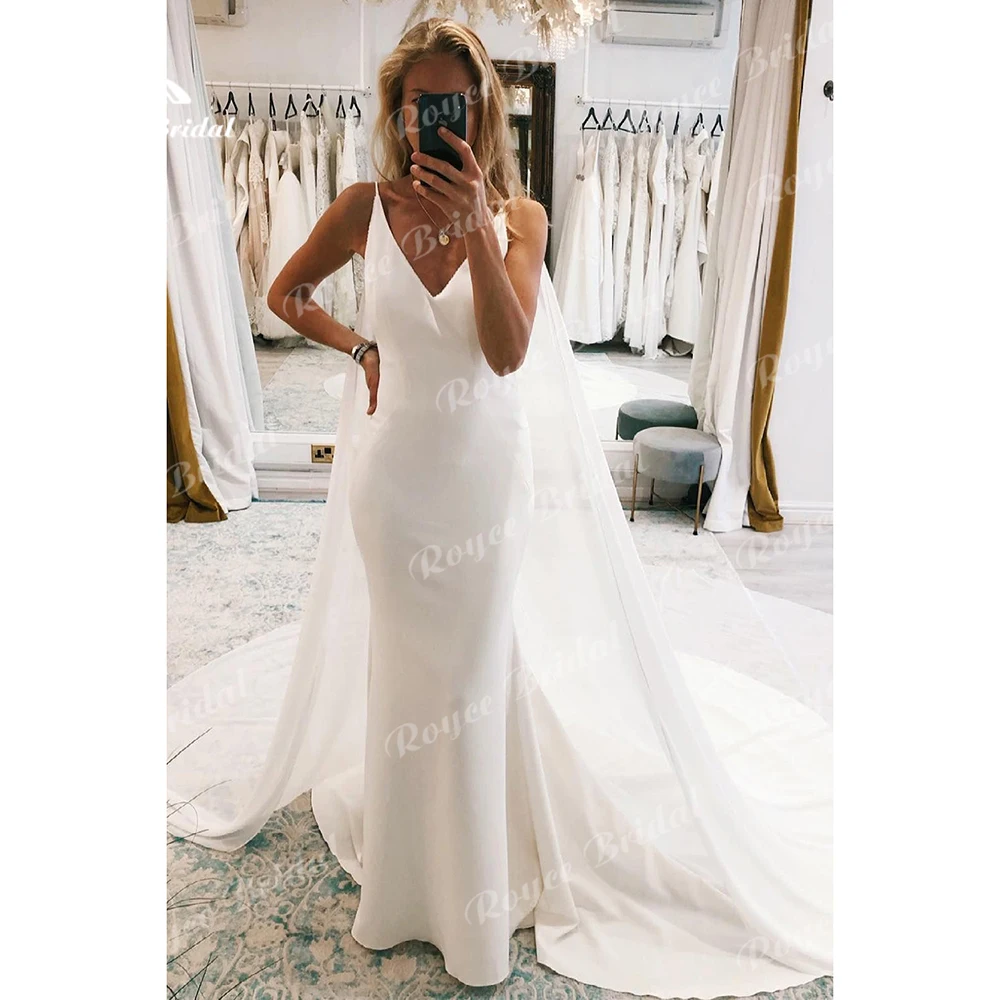 Simple Sexy V Neck Spaghetti Straps Watteau Train Open Back Satin Mermaid Wedding Dress For Women Bridal Gowns Robe De Mariée