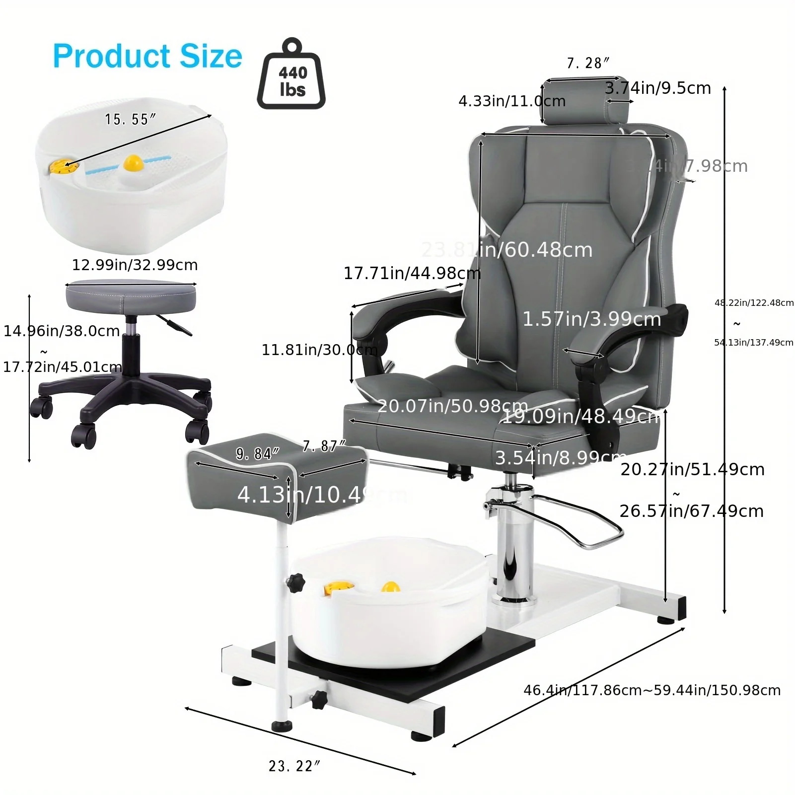 كرسي سبا للقدمين، أريكة صالون الأظافر مع حوض حمام القدم، كراسي باديكير مع رفع هيدروليكي ودوران 360 درجة، أثاث