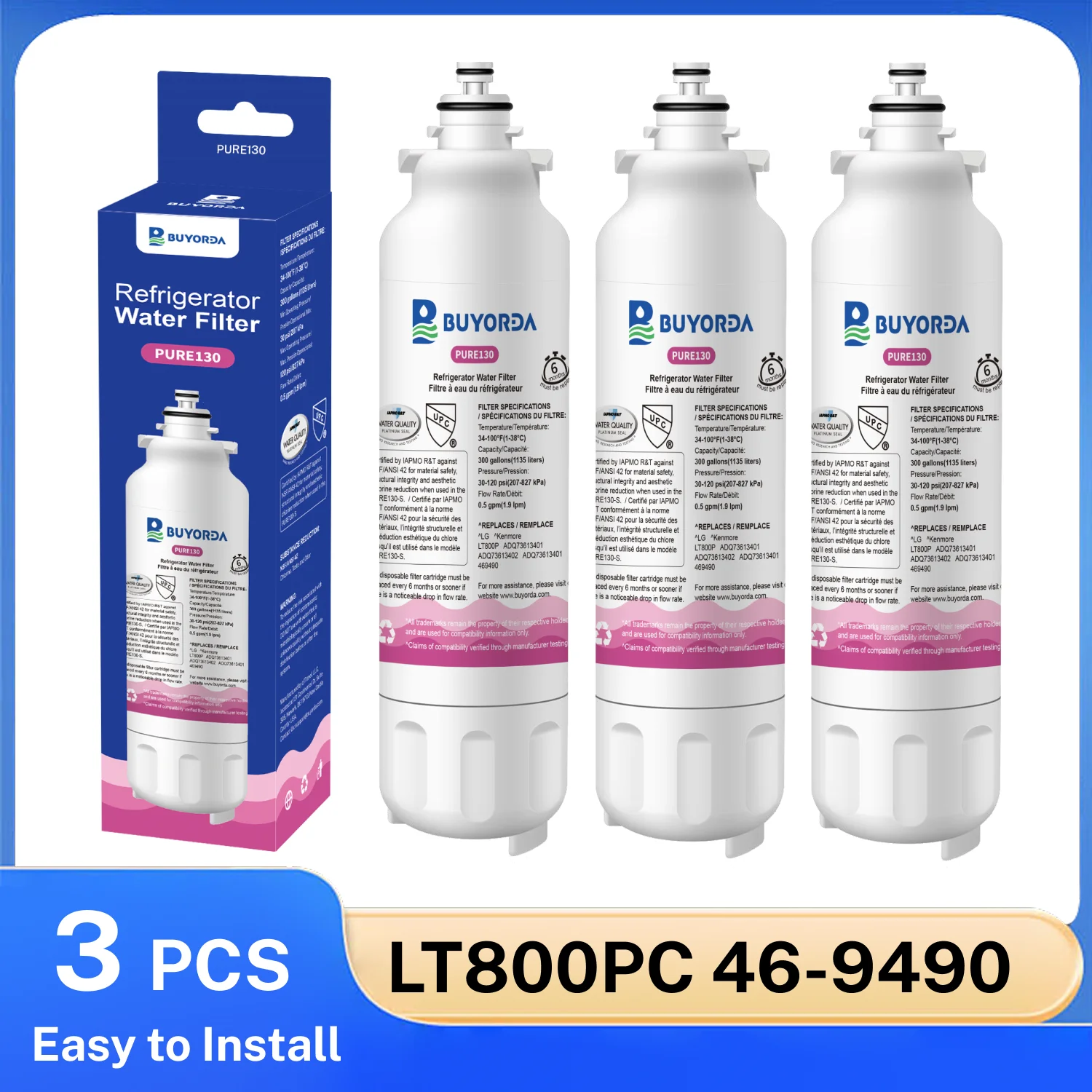 

ADQ73613401 Замена фильтра для воды для LG LT800PC ADQ73613402 ADQ73613408 ADQ75795104 Подходит для Kenmore 9490 LSXS26326S, 3 шт.