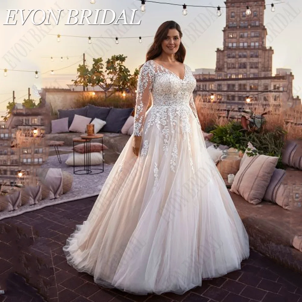 

EVON BRIDAL Light Champagne Wedding Dresses Plus Size Long Sleeves V-Neck Bride Gowns Lace A-Line vestidos de novia talla grande