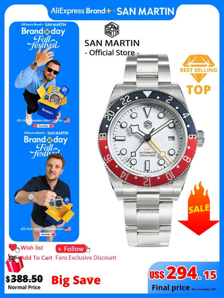 San Martin New Upgraded 39mm HZ6460 GMT Men Luxury Watch Classic Business Automatic Mechanical Sapphire 100M Waterproof  SN0109